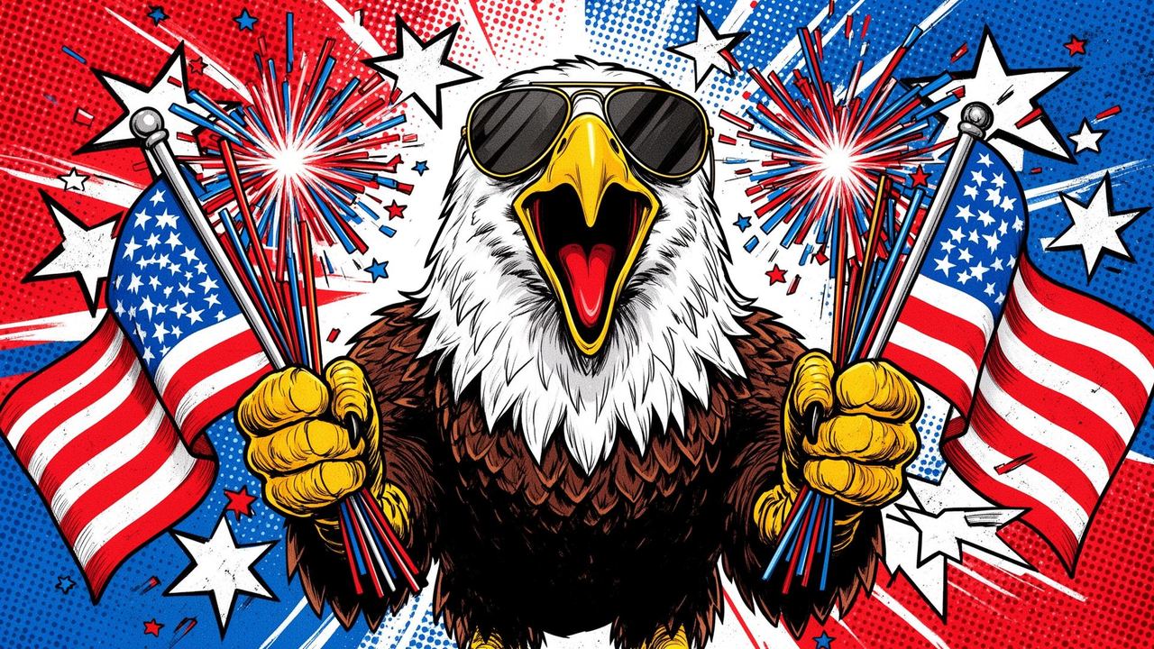 A bald eagle in aviator sunglasses screaming with fireworks and American flags